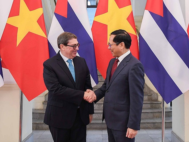 Vietnamese Deputy Prime Minister and Minister of Foreign Affairs Bui Thanh Son (R) shakes hands with Cuban Minister of Foreign Affairs Bruno Rodríguez Parrilla. (Photo: VNA)