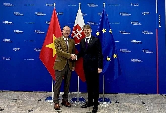 Vietnamese Ambassador Pham Truong Giang (left) and Solvakia's First Deputy Minister of Foreign and European Affairs Marek Estok.