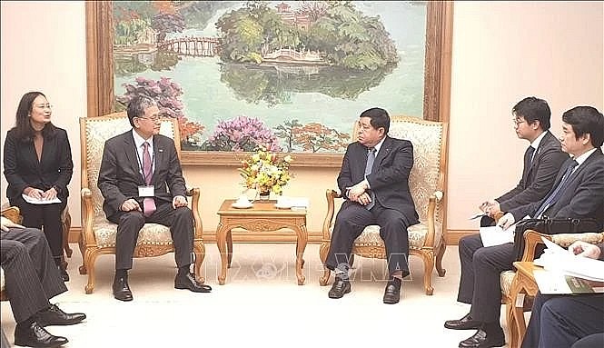 Deputy Prime Minister Nguyen Chi Dung (R) and Chairman of Japan’s International Friendship Exchange Council Onoi Yoshiki at their meeting in Hanoi on March 10. (Photo: VNA)