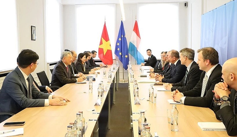 The meeting between Permanent Deputy PM Nguyen Hoa Binh and Luxembourg Minister of Finance Gilles Roth on March 21 (Photo: VNA)