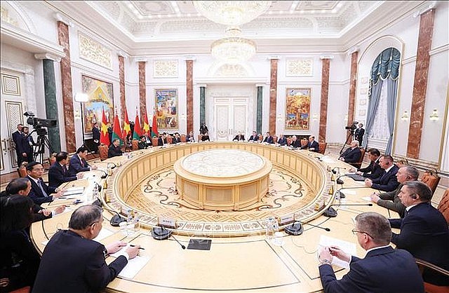 The summit meeting between General Secretary To Lam and Belarusian President A. Lukashenko in Minsk capital, Belarus, May 12, 2025.