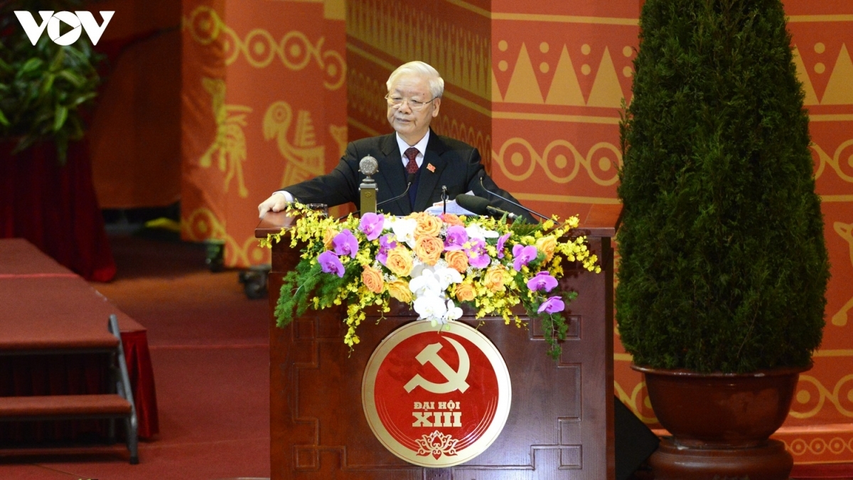 Party General Secretary and State President Nguyen Phu Trong delivers a speech at the congress.