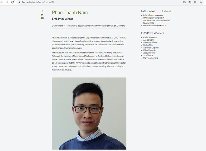 vietnamese young professor wins prize of european mathematical society