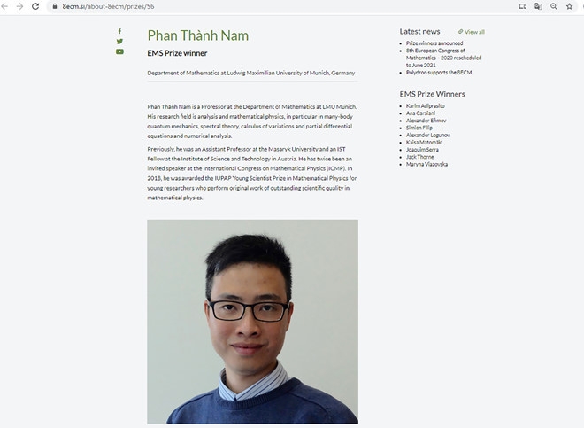 Vietnamese young professor wins prize of European Mathematical Society
