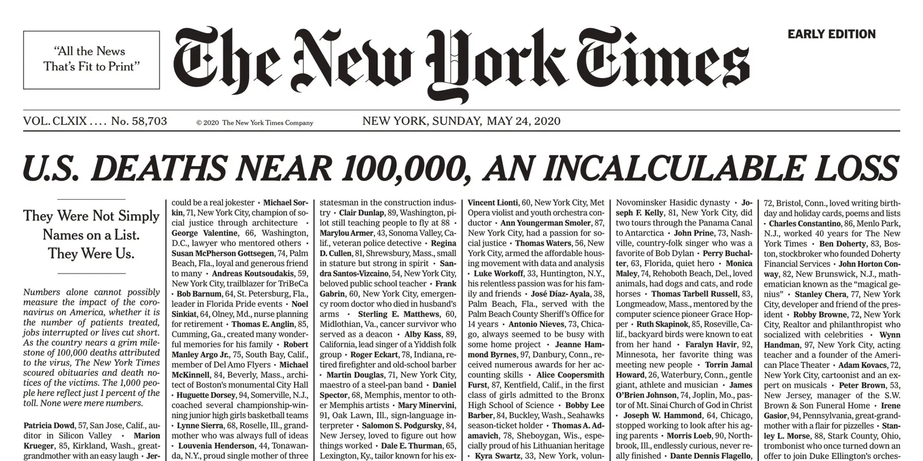 NY Time’s front page reveals heart-breaking name list of 1,000 COVID-19 deaths – just 1% of US’ tally