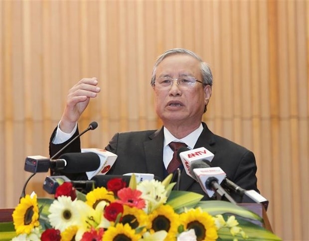 Politburo member and permanent member of Party Central Committee’s Secretariat Tran Quoc Vuong speaks at the meeting (Photo: VNA) 