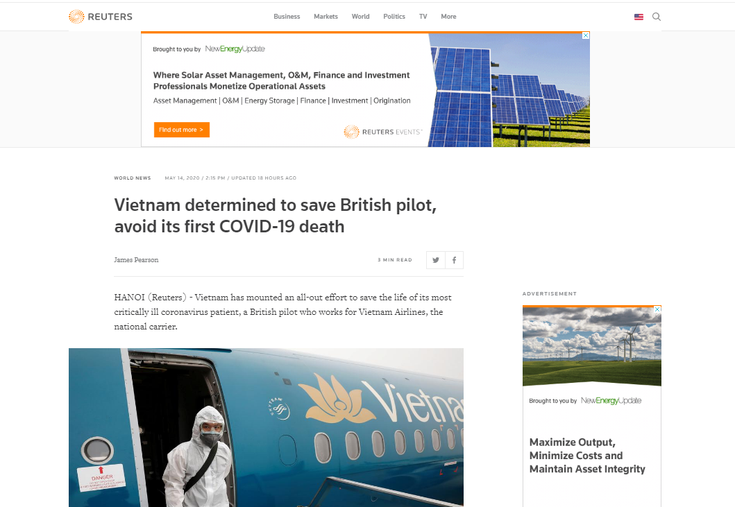 reuters lauds vietnams determination to save the critical covid 19 british pilot