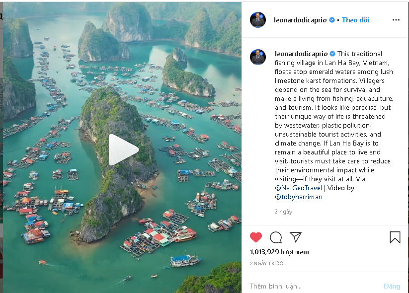 leonardo dicaprio calls for protection of vietnams lan ha bay