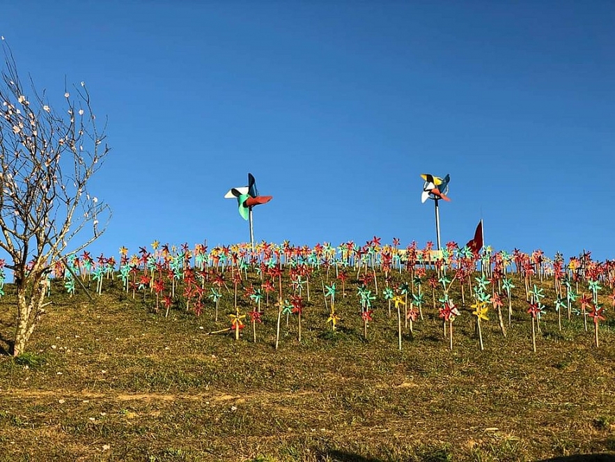 Two huge pinwheels rise above the smaller ones