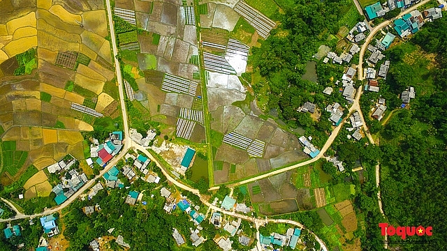 A bird-eye view of the rice paddy fields in Moc Chau