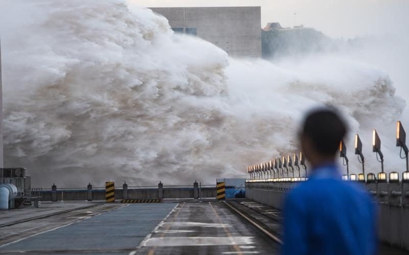 Floodwater discharged from the main outlet of the Three Gorges Dam 