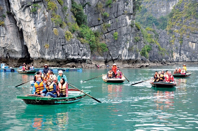 Foreigners sailing boats in ha long bay, northern vietnam 