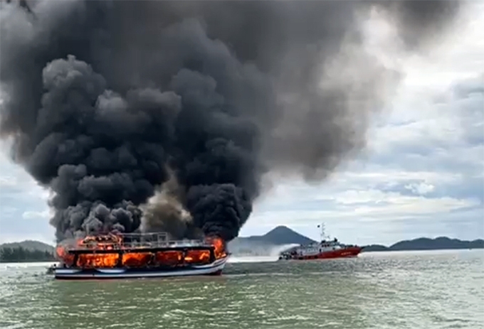 Fire engulfed the ship