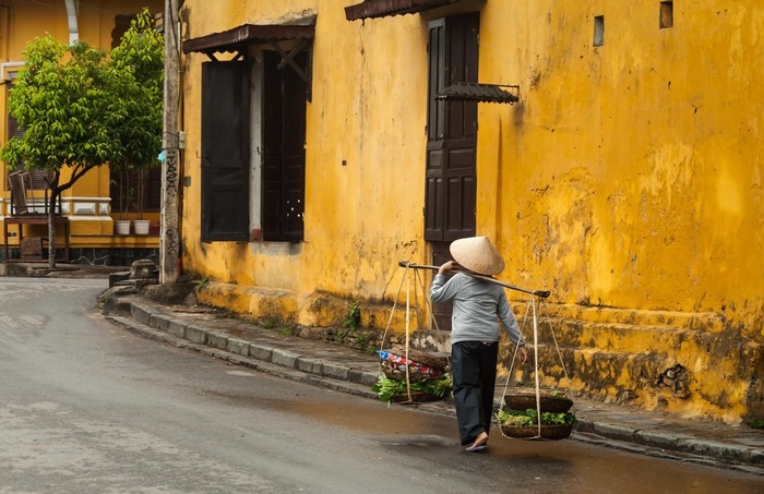 A street corner in hoi an ancient town at dawn 