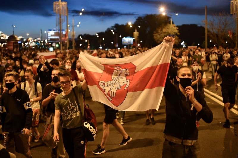 Opposition supporters take to the streets after polls closed in Belarus's presidential election in Minsk, Belarus, on August 9. v