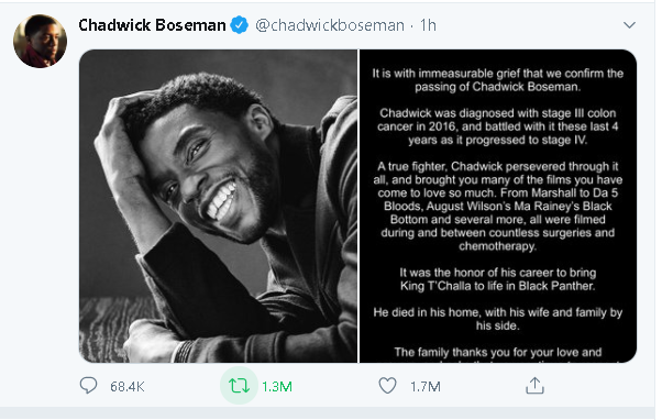 A statement posted to Boseman's Twitter feed