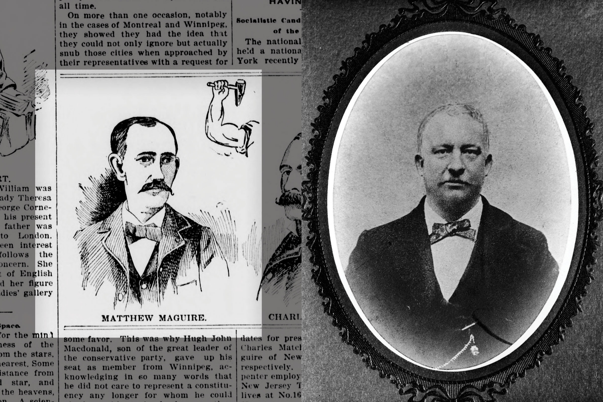 An illustration of Matthew Maguire in the Sept. 24, 1896, issue of the Lewiston Teller; Portrait of Peter J. McGuire