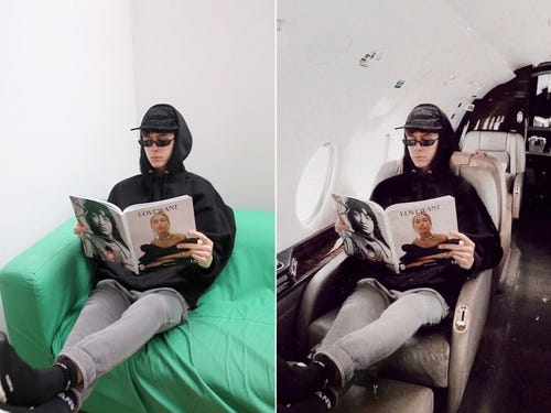 Denton used photo-editing software to turn a green couch into a private jet. Courtesy of Byron Denton