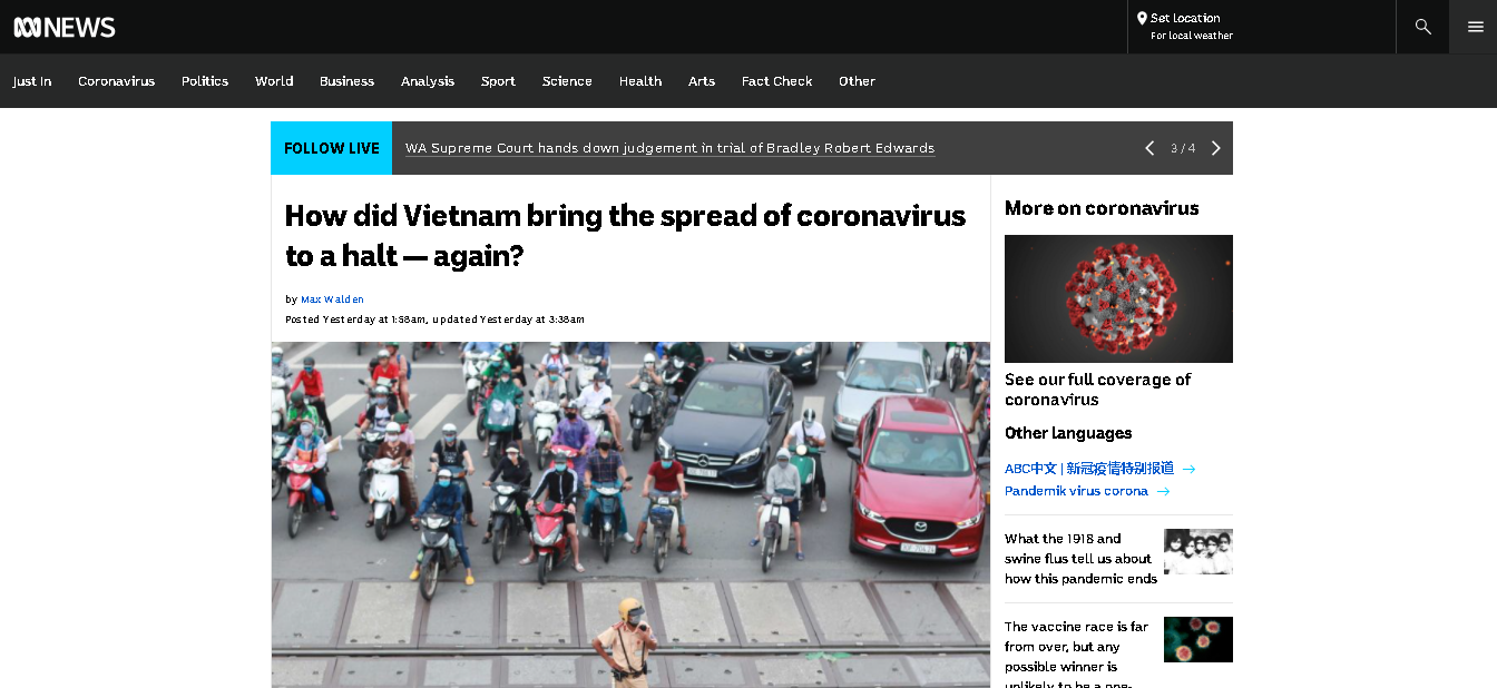  Vietnam’s efforts in stamping out COVID-19 twice is praised in Australian news outlet 