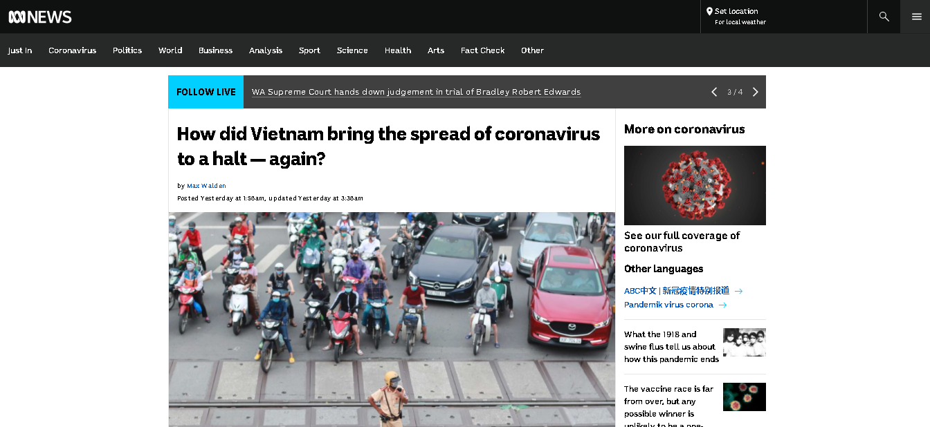 ABC News lauds Vietnam's “fast, efficient, and cost-effective response” to the COVID-19 twice