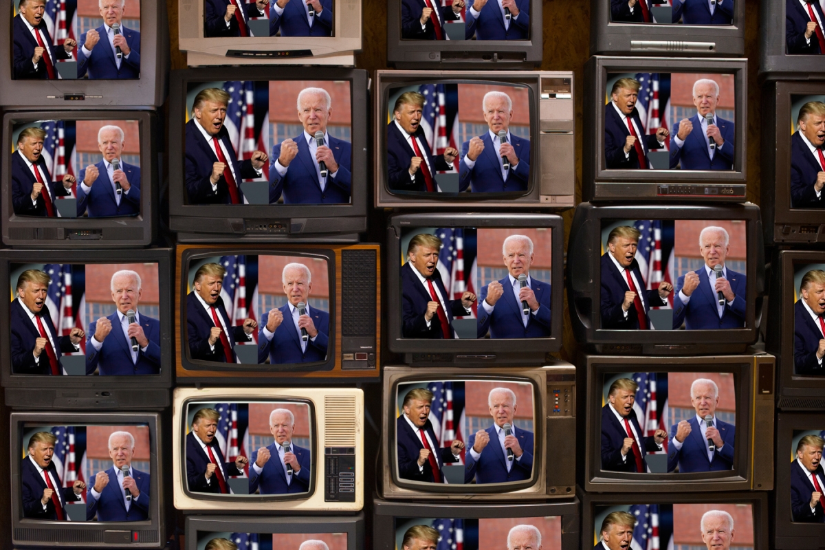 Photo illustration by Joe Rodriguez. Images in illustration: Steve Helber/AP Images(Trump); Carolyn Kaster/AP Images (Biden) Getty Images (TV's)