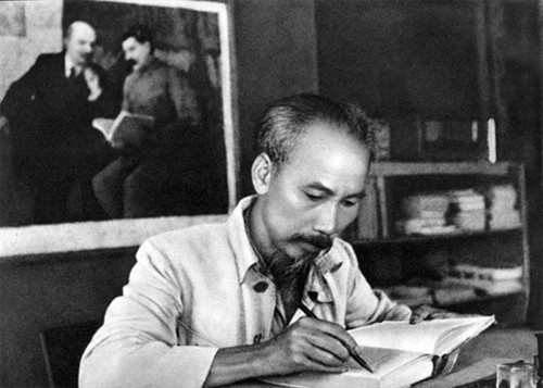 president ho chi minh with aspiration for independence freedom happiness spotlighted
