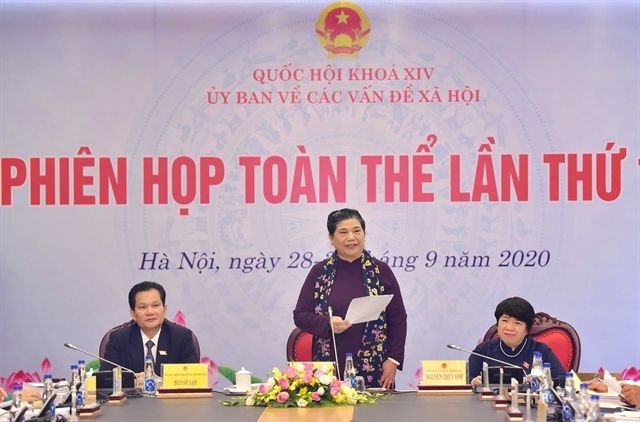 Permanent Deputy Chairwoman of the National Assembly Tong Thi Phong (standing) gives a speech at the meeting in Hanoi.