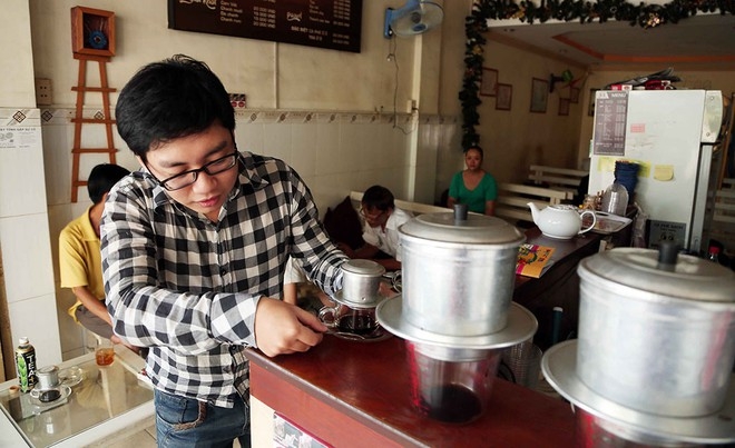 Coffee in Hanoi is brewed in a traditional filter,
