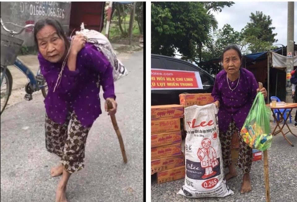 flood in central vietnam heart touching video of old grandma carries donated clothes on back