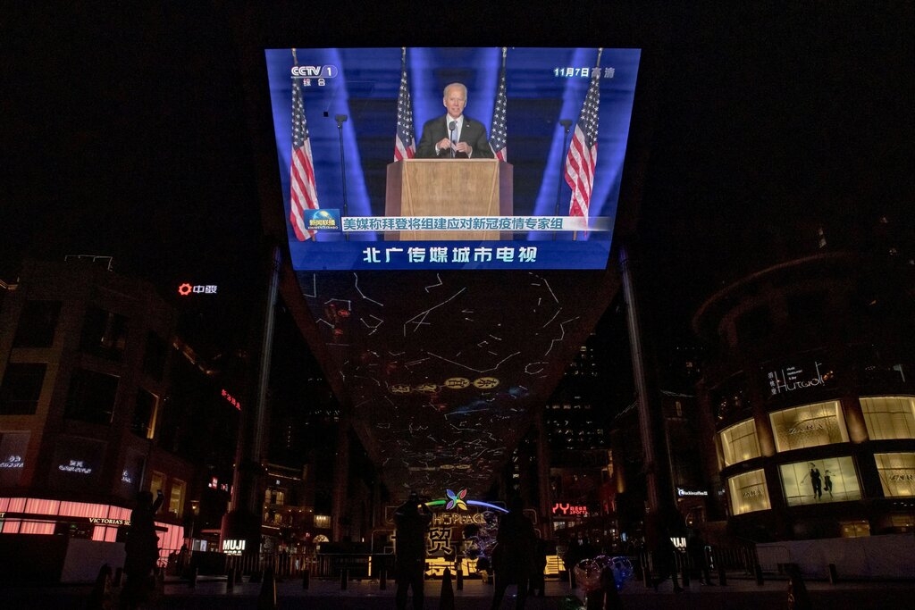 A state media broadcast in Beijing on Sunday showing President-elect Joseph R. Biden Jr. delivering his victory speech.Credit...