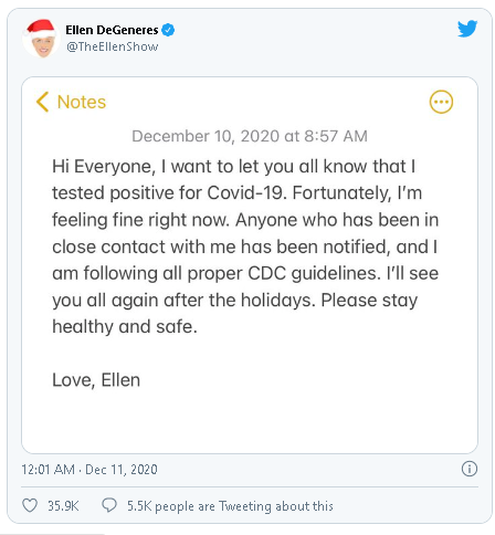 Ellen DeGeneres tweets about her health condition (Photo: Captured) 