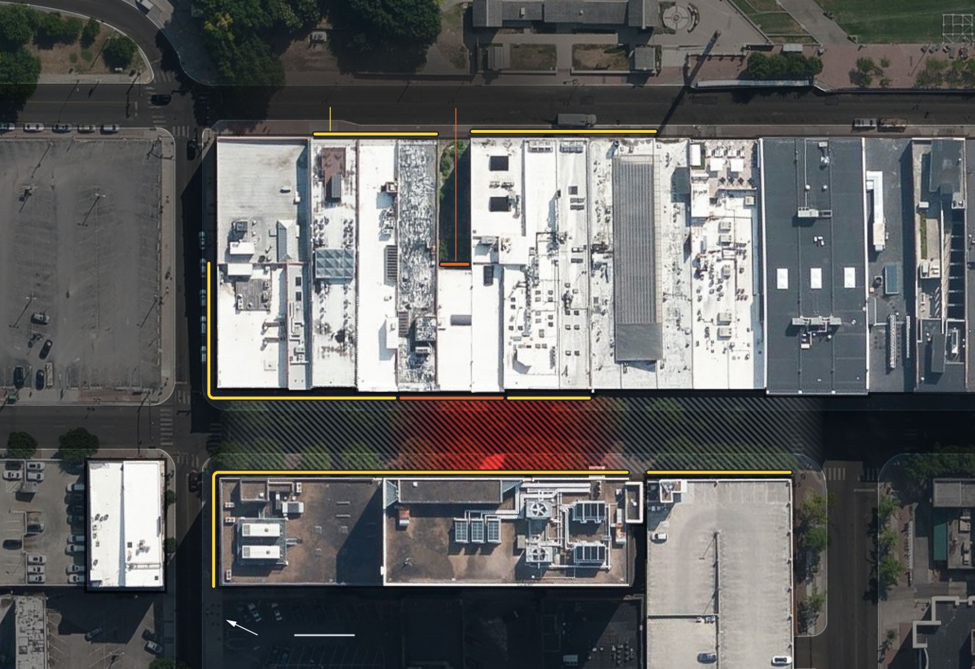 Highlighted areas below show where damage was visible in early photos and videos (Illustrations: NY Times) 