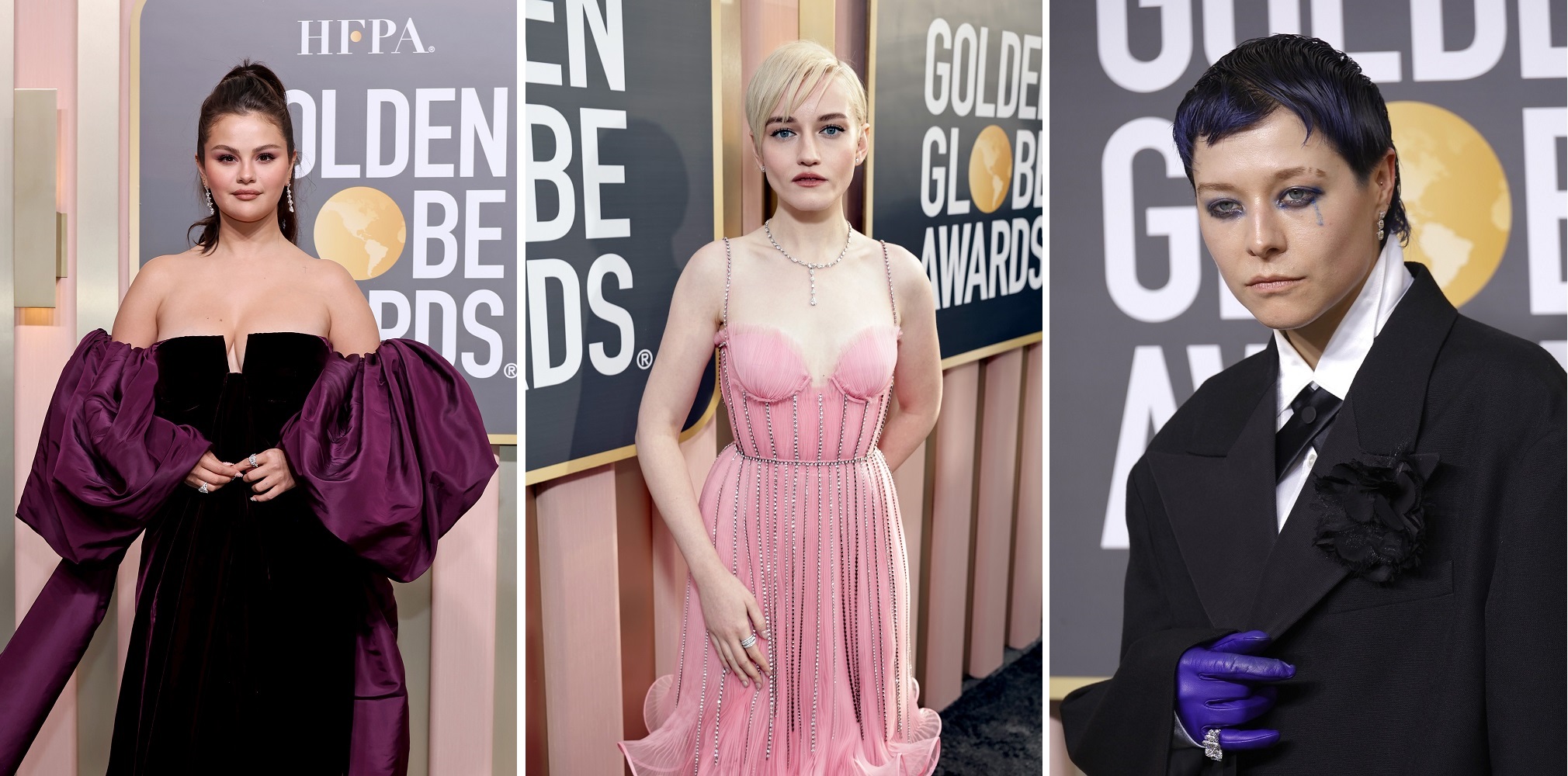 Julia Garner, Selena Gomez, Emma D’arcy Shine in De Beers Jewellers at 2023 Golden Globe Awards