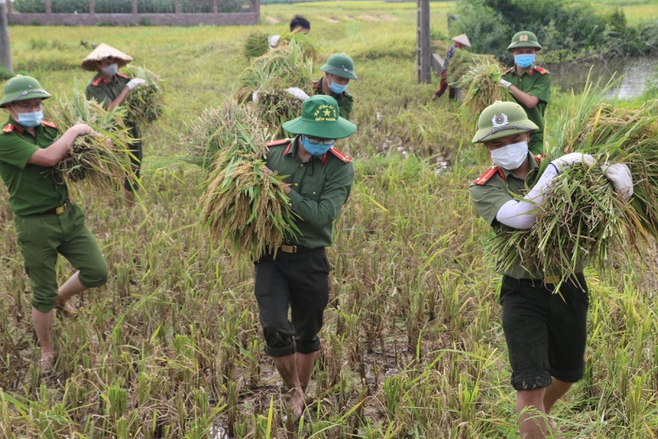 police officers help people in quarantine areas harvest crops