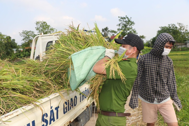 Police officers help people in quarantine areas harvest crops