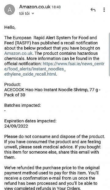 Vietnamese Instant Noodle Brand Recalled by Ireland