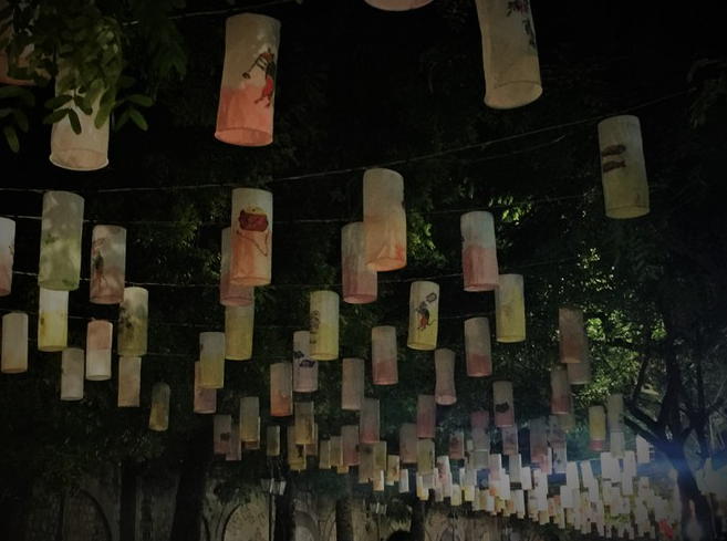 hanoi mural street highlighted with hanging lanterns in mid autumn fest