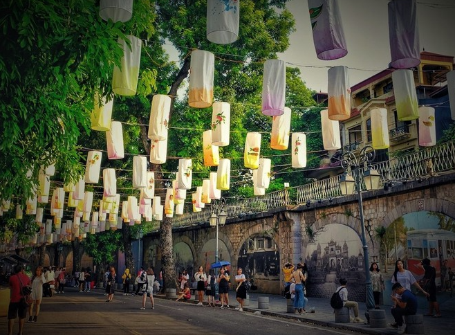 hanoi mural street highlighted with hanging lanterns in mid autumn fest