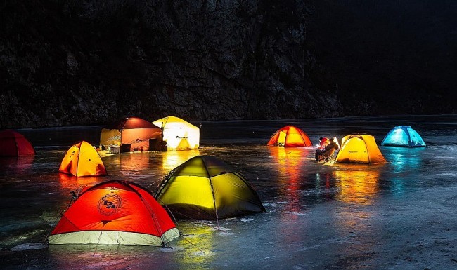 Vietnamese Tourists Camp on Frozen River