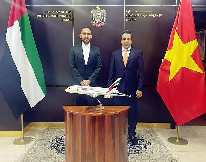 H.E. Obaid Saeed Bin Taresh Al Dhaheri, #UAE Ambassador to #Vietnam received Mr. Mohammed Al Wahedi, Chief of Representative Office of Emirates Airlines in Vietnam at the Headquarters of Embassy in Ha Noi.