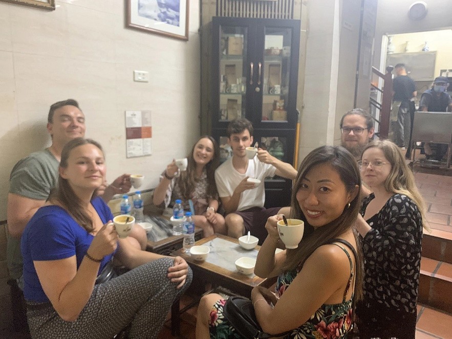 The guests were excited to enjoy Vietnamese street food for the first time. They are most impressed with the egg coffee.