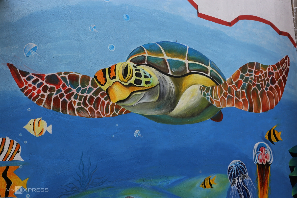 Sea turtle - a rare animal painted on the wall tp spread the message of protection. Recently, people in Tam Thanh released a net to catch some sea turtles and then returned them into the sea.