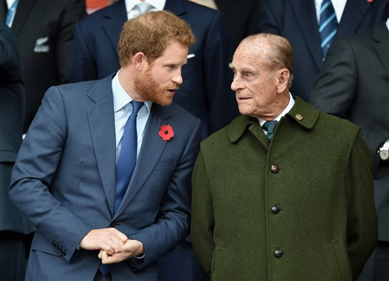 Prince Harry and Prince Philip, Duke of Edinburgh attend the 2015 Rugby World Cup Final match on Oct. 31, 2015 in London, England.Getty Images