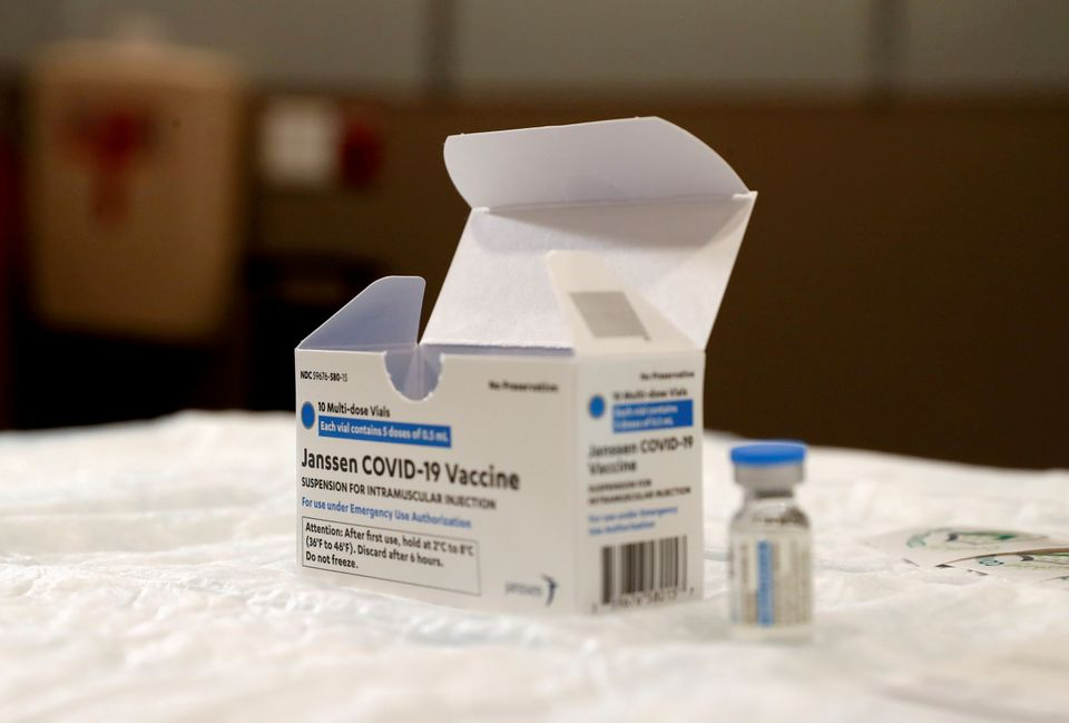 A vial of the Johnson & Johnson's coronavirus disease (COVID-19) vaccine is seen at Northwell Health's South Shore University Hospital in Bay Shore, New York, U.S., March 3, 2021. REUTERS/Shannon Stapleton