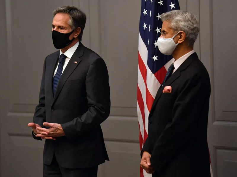 Secretary of State Antony Blinken attends a news conference with India's Foreign Minister Subrahmanyam Jaishankar following a bilateral meeting in London on Monday during the G-7 foreign ministers meeting. Ben Stansall/AFP via Getty Images