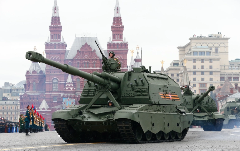 Russian tanks roll towards Red Square during Victory Day in Moscow [Alexander Zemlianichenko/AP]