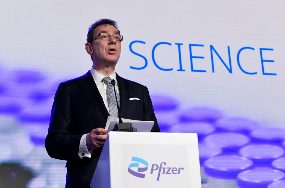 Pfizer CEO Albert Bourla talks during a press conference with European Commission President Ursula von der Leyen after a visit to oversee the production of the Pfizer-BioNtech COVID-19 vaccine at the factory of U.S. pharmaceutical company Pfizer in Puurs, Belgium April 23, 2021. John Thys /Pool via REUTERS/File Photo