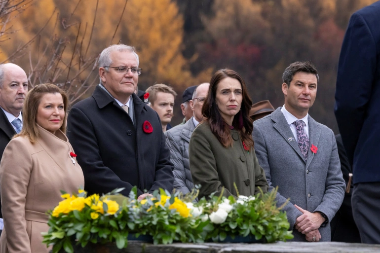 Left to right: Jenny Morrison and her spouse Scott Morrison, Jacinda Ardern and her partner Clarke Gayford, at a wreath-laying ceremony at the Arrowtown Cenotaph during the annual Australia-New Zealand Leaders' Meeting in Queenstown, New Zealand [Peter Meecham/AAP via Reuters]