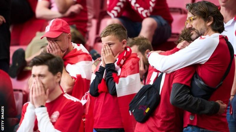 Fans were visibly upset as Eriksen received treatment on the pitch. Photo: Getty Images 