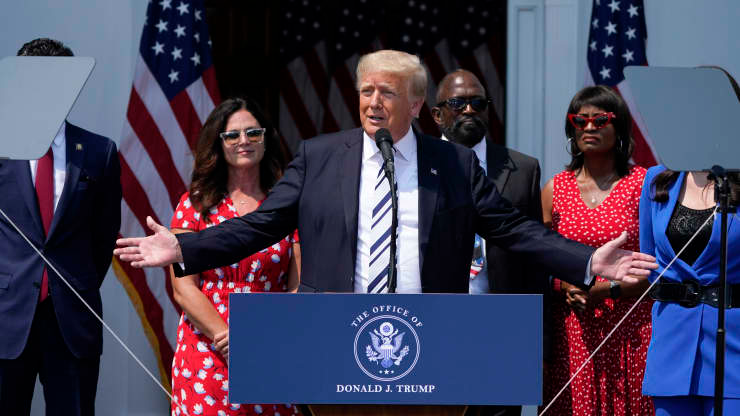 Former President Donald Trump speaks at Trump National Golf Club in Bedminster, N.J., Wednesday, July 7, 2021. Seth Wenig | AP